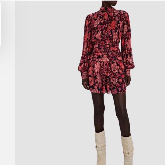 Hemant & Nandita Crimson mini floral v neck front bow dress SMALL - Picture 5 of 15